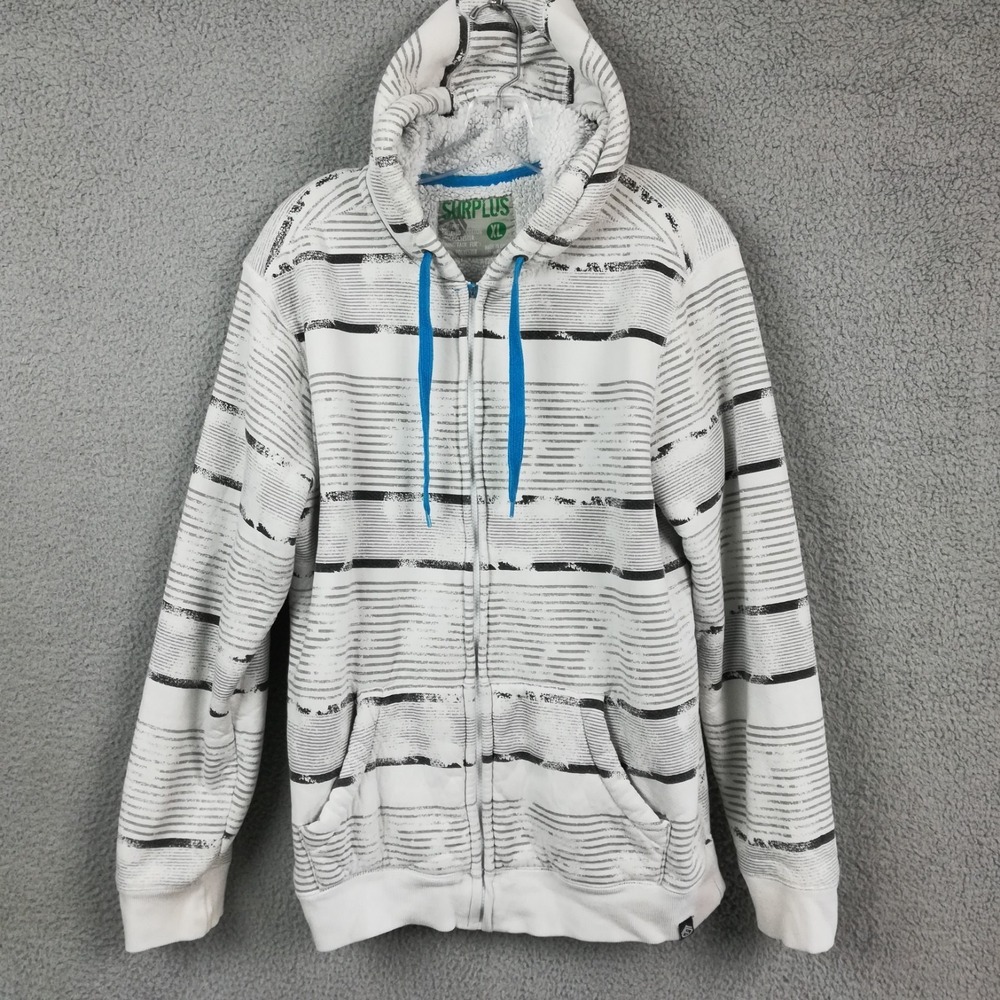 Surplus Mens Hoodie Sweatshirt Sherpa Lined Black White Stripe Full Zip XL